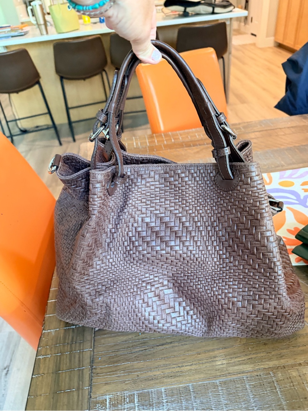 Woven Brown Shoulder Bag with Top Handles